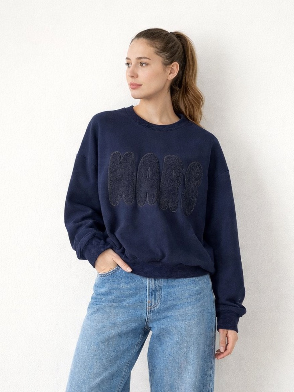 Mars The Label Varsity Crewneck Sweatshirt Navy Blue Puff Graphic Size L